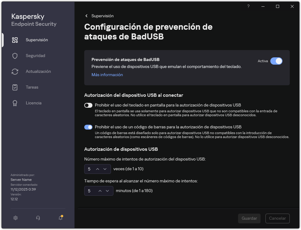 Ventana de configuración de Prevención de ataques de BadUSB.