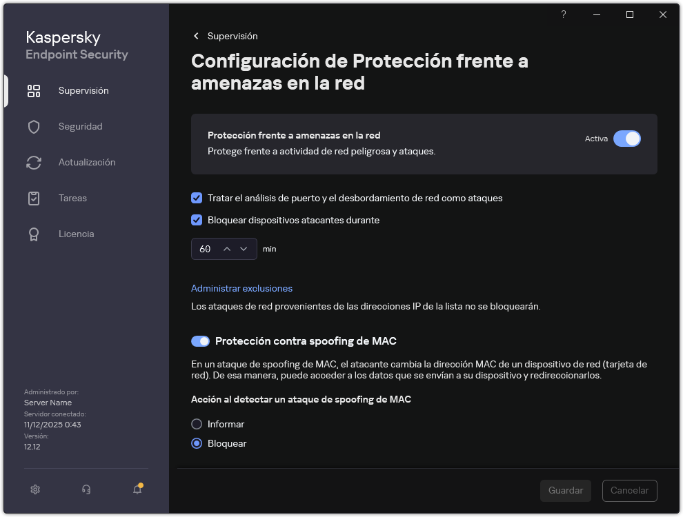 Ventana Parámetros de Protección frente a amenazas en la red