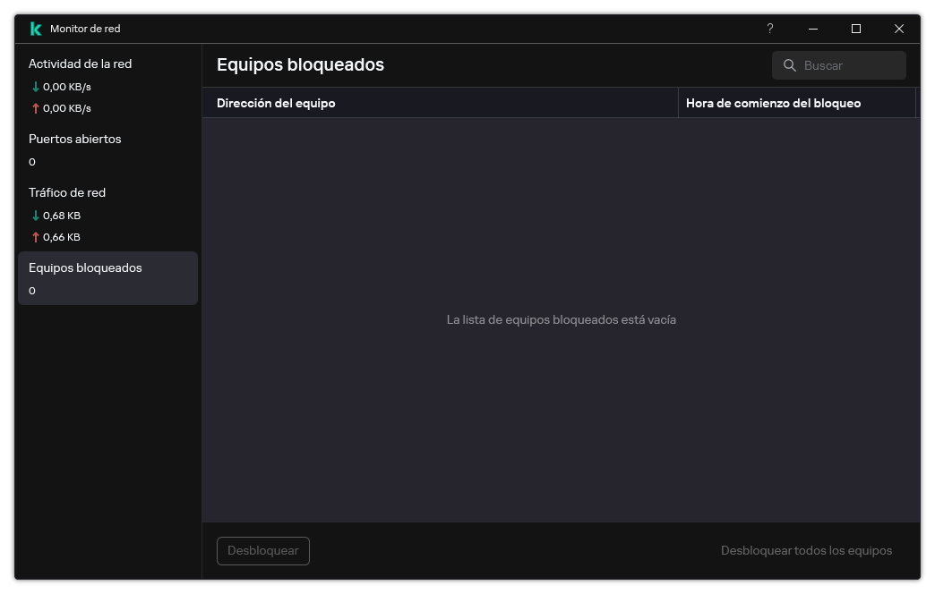 Ventana Monitor de red con una lista de equipos bloqueados. El usuario puede desbloquear equipos.
