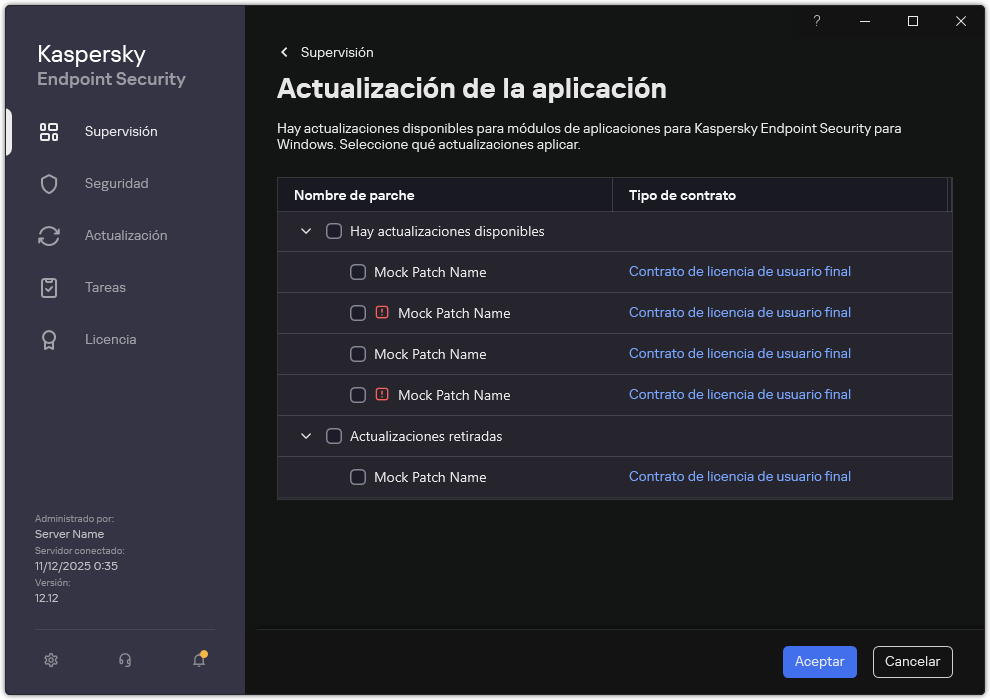 Ventana con una lista de parches disponibles. El usuario puede seleccionar parches y aceptar los términos y condiciones de los contratos.