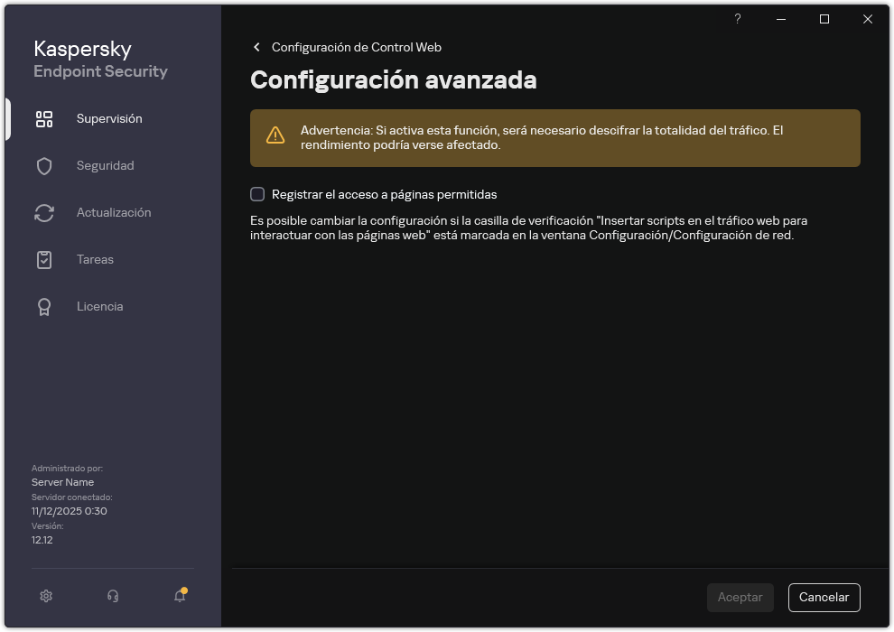 Ventana de configuración avanzada de Control Web.