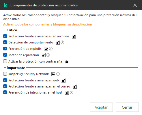 Ventana para activar los componentes de protección recomendados. Puede activar los componentes de protección e impedir que se desactiven.