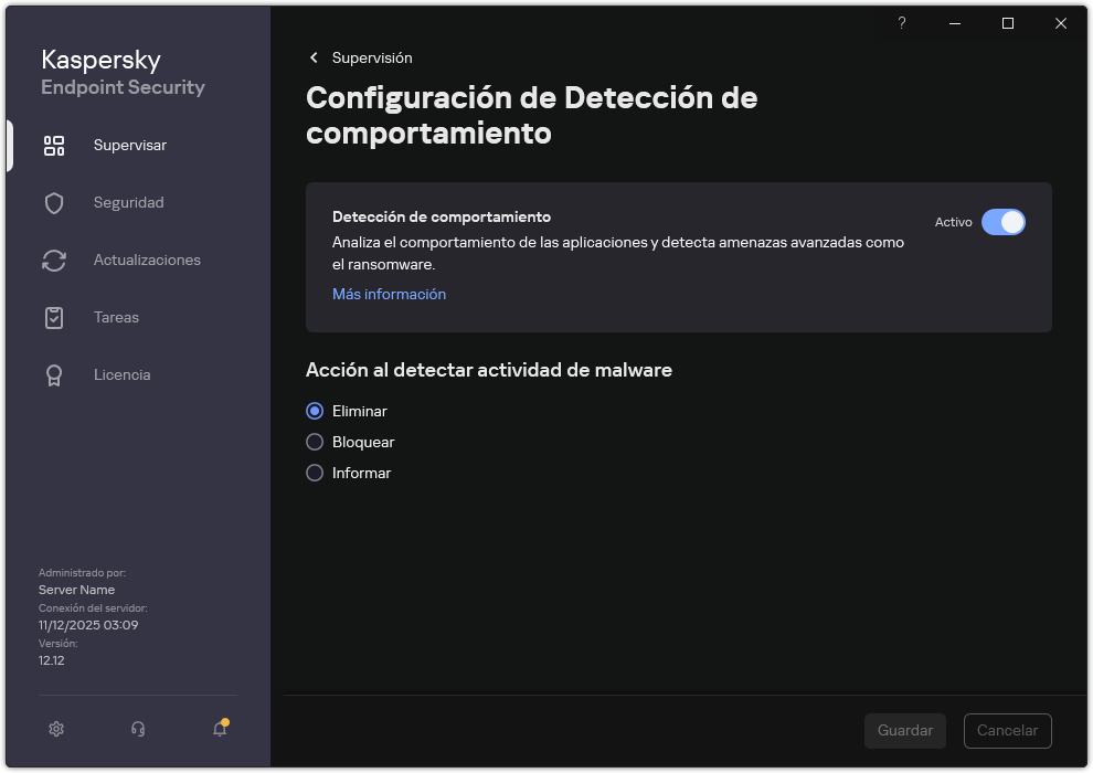 Ventana de configuración de Detección de comportamiento.