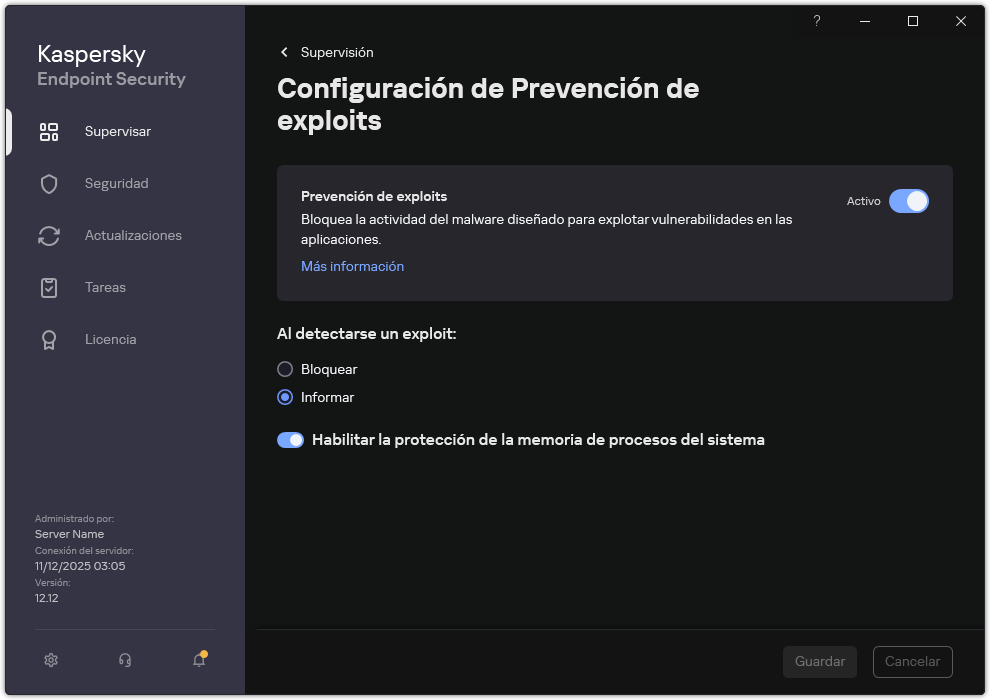 Ventana de configuración de Prevención de exploits