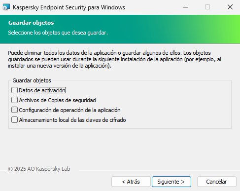Ventana del instalador con una lista de objetos que se pueden guardar después de eliminar la aplicación.