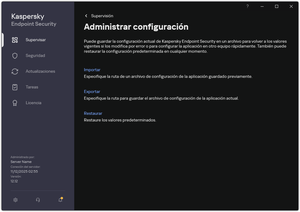 Ventana Configuración de exclusiones. El usuario puede exportar, importar o restaurar la configuración de la aplicación.