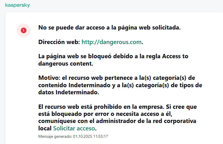 Notificación sobre el bloqueo del acceso a la página web en la ventana del navegador. El usuario puede crear una solicitud para acceder al recurso web.
