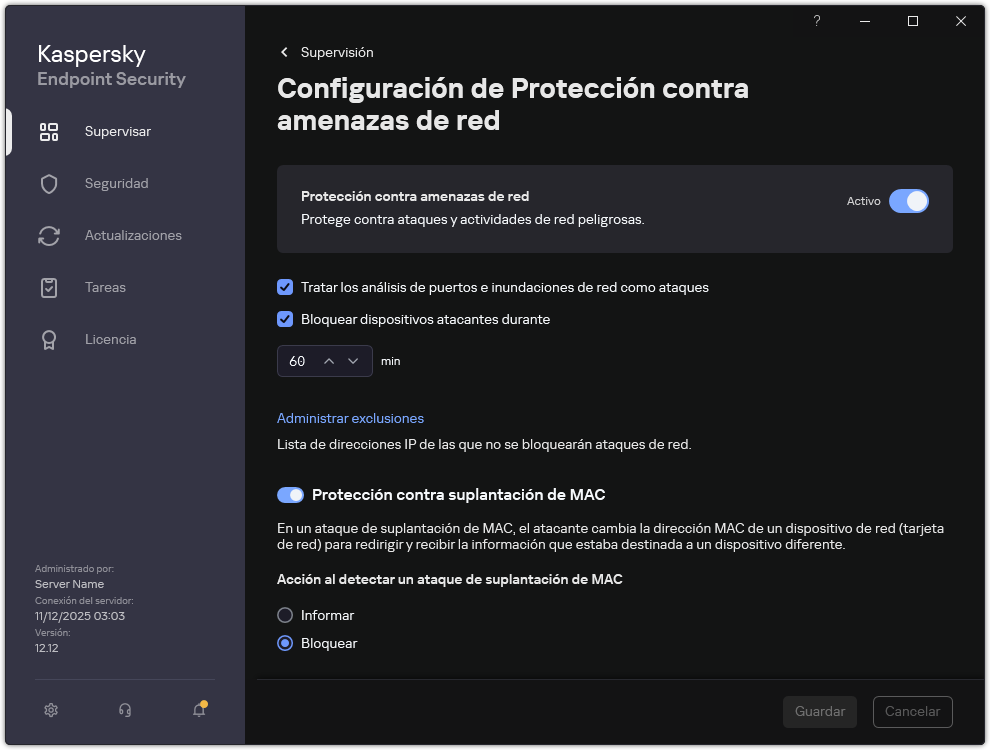 Ventana de configuración de Protección contra amenazas de red
