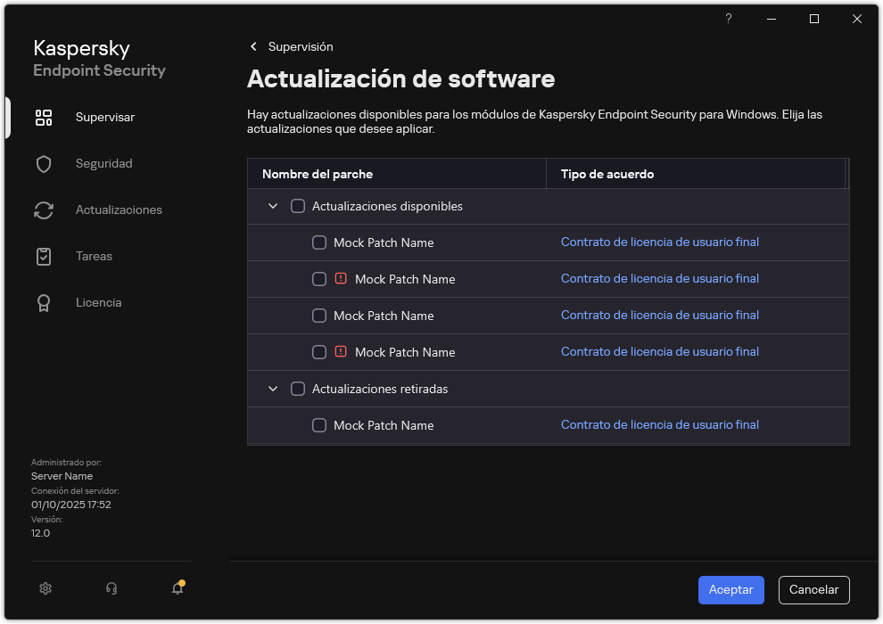 Ventana con una lista de parches disponibles. El usuario puede seleccionar parches y aceptar los términos y condiciones de los contratos.
