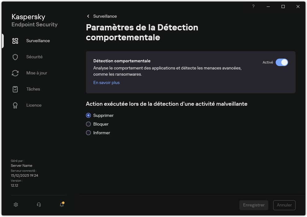 Fenêtre des paramètres de la Détection comportementale