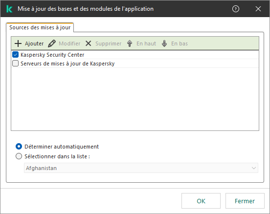 Une fenêtre avec la liste des sources de mises à jour. L'utilisateur peut ajouter des sources de mises à jour et attribuer une priorité à la source.