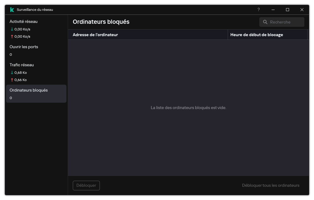La fenêtre Surveillance du réseau avec une liste des ordinateurs bloqués. L'utilisateur peut débloquer des ordinateurs.