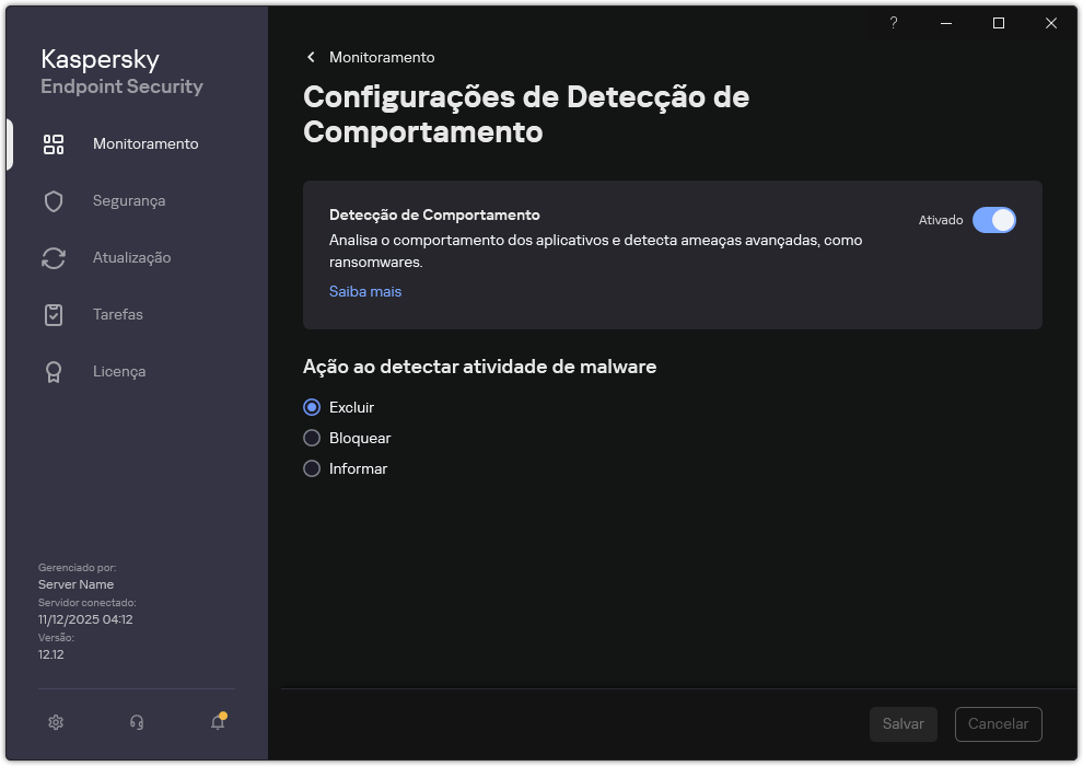 Janela Configurações de Detecção de Comportamento.