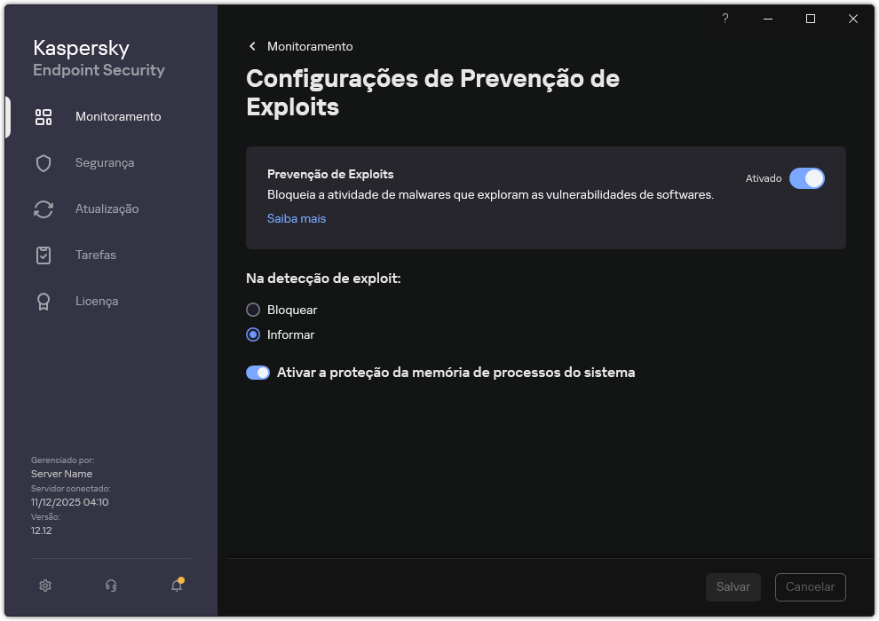 Janela Configurações de prevenção de exploit