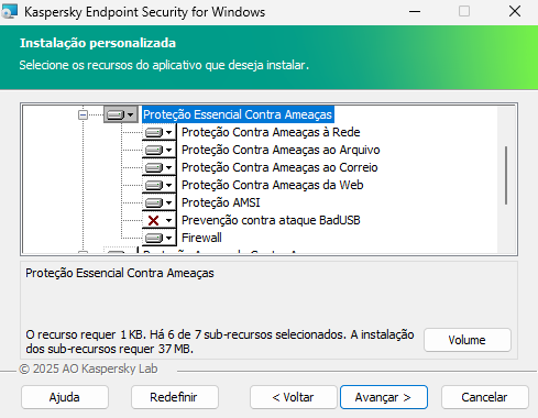 Janela do instalador com uma lista de componentes que podem ser selecionados pelo usuário.