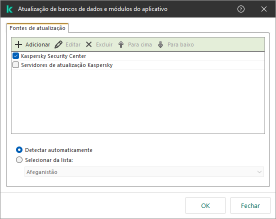 Uma janela com a lista de fontes de atualização. O usuário pode adicionar fontes de atualização e atribuir uma prioridade à fonte.