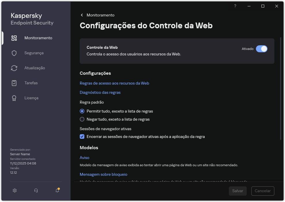 Janela de configurações do Controle da Web.