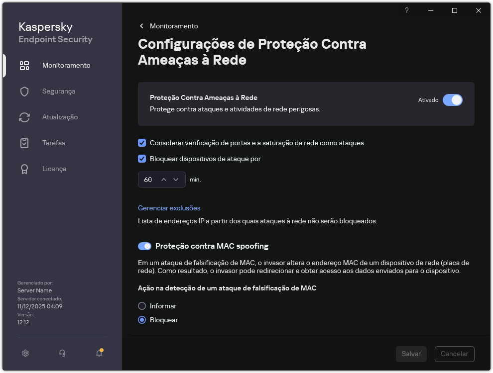 Janela Configurações de Proteção Contra Ameaças à Rede