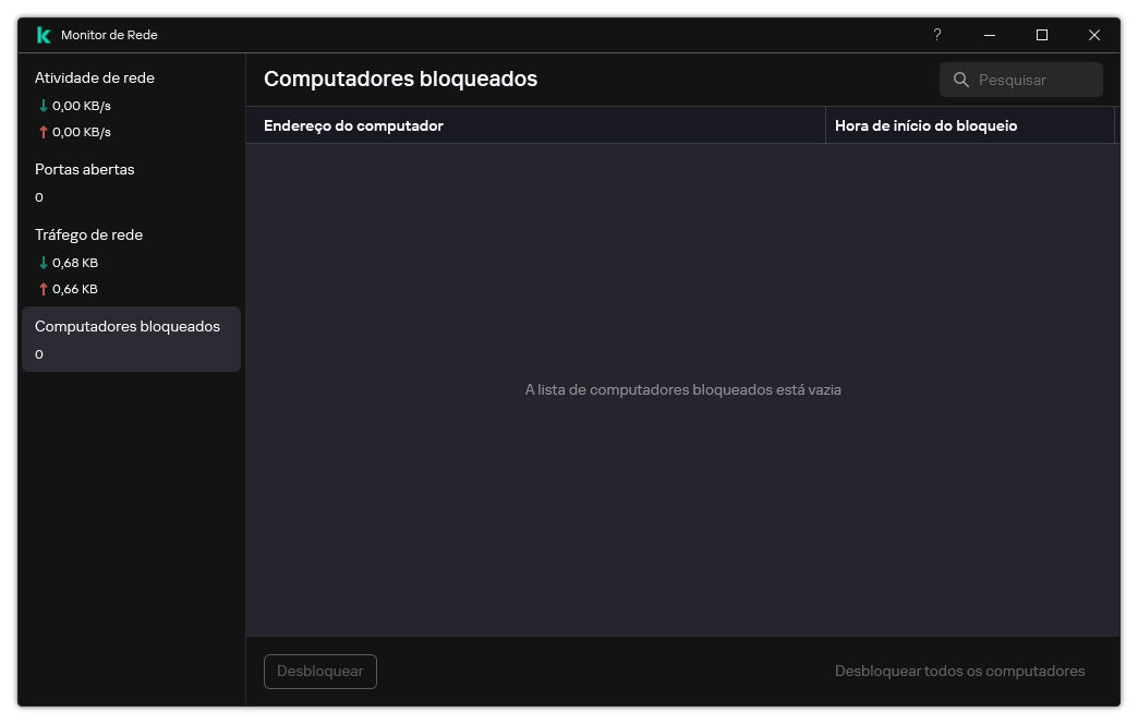 Janela do Monitor de Rede com a lista de computadores bloqueados. O usuário pode desbloquear os computadores.