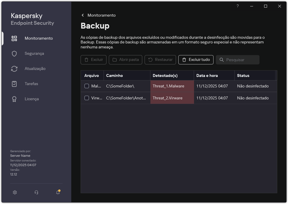 Janela de backup. O usuário pode desinstalar ou restaurar objetos do Backup.
