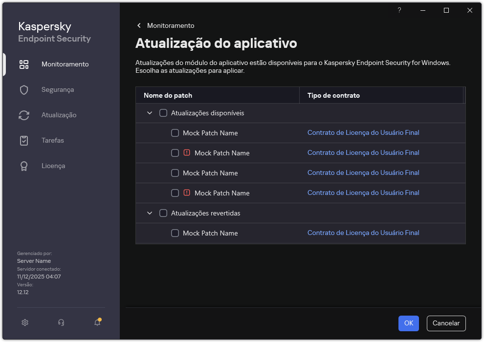 Janela com uma lista de patches disponíveis. O usuário pode selecionar patches e aceitar os termos e condições dos contratos.