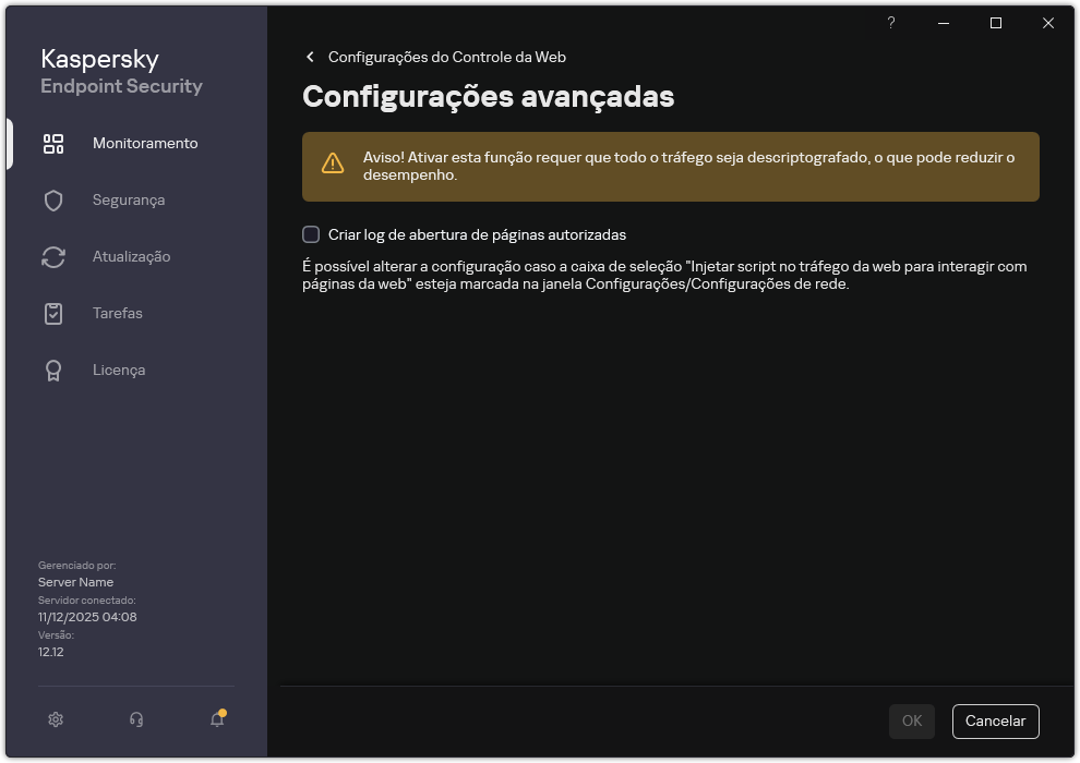 Janela de configurações avançadas do Controle da Web.