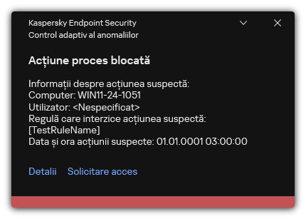 Notificare despre declanșarea unei reguli. Utilizatorul poate crea o solicitare pentru a permite o acțiune de proces.