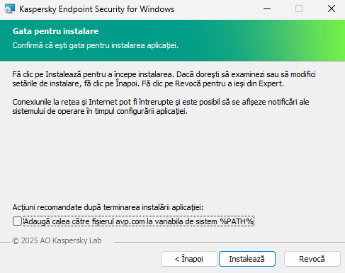Fereastra cu setările de instalare: protecție la instalare, compatibilitate cu Citrix PVS, variabilă de sistem pentru avp.com.