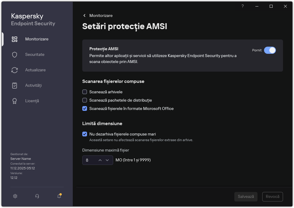 Fereastra de setări Protecție AMSI.