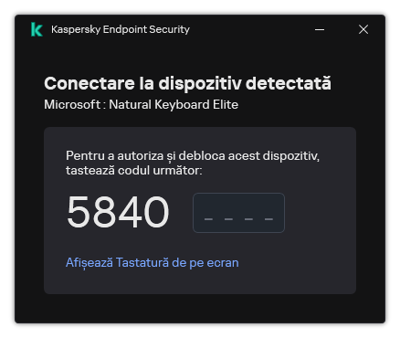 Fereastra cu codul de autorizare a tastaturii. Utilizatorul poate activa tastatura de pe ecran și poate introduce codul.