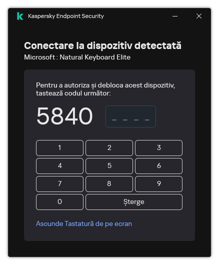 Fereastra ce conține codul de autorizare a tastaturii și tastatura pe ecran. Utilizatorul poate introduce codul.