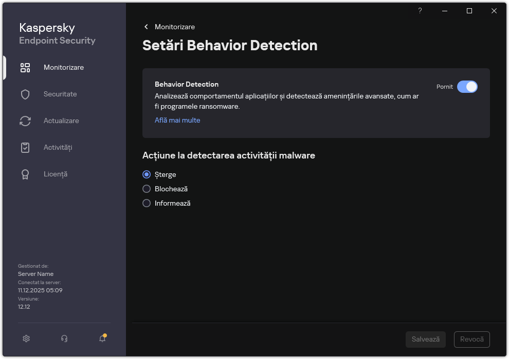 Fereastra de setări Behavior Detection.