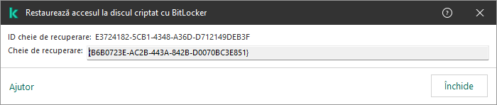 O fereastră cu cheia pentru restaurarea accesului la unitatea care nu este de sistem criptată.