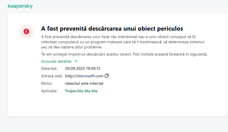 Notificare Kaspersky despre prevenirea încărcării obiectelor rău intenționate în fereastra browserului.