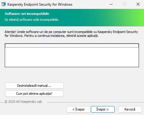 Fereastra de instalare care conține o listă de software-uri incompatibile. Utilizatorul poate lansa eliminarea software-ului incompatibil.