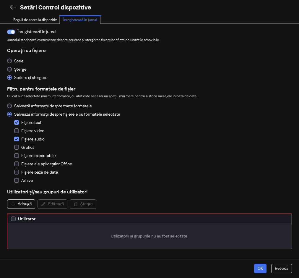 Fereastra pentru configurarea înregistrării în jurnal a evenimentelor despre utilizarea unităților amovibile. Utilizatorul poate selecta evenimentele care urmează să fie înregistrate în jurnal.
