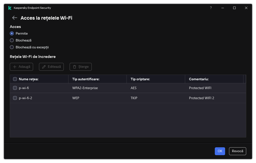 O fereastră cu lista rețelelor Wi-Fi. Utilizatorul poate configura accesul la toate rețelele Wi-Fi și poate adăuga rețele Wi-Fi de încredere.