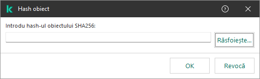 O fereastră cu un câmp pentru introducerea sumei hash a obiectului. Utilizatorul poate selecta un obiect folosind managerul de fișiere.