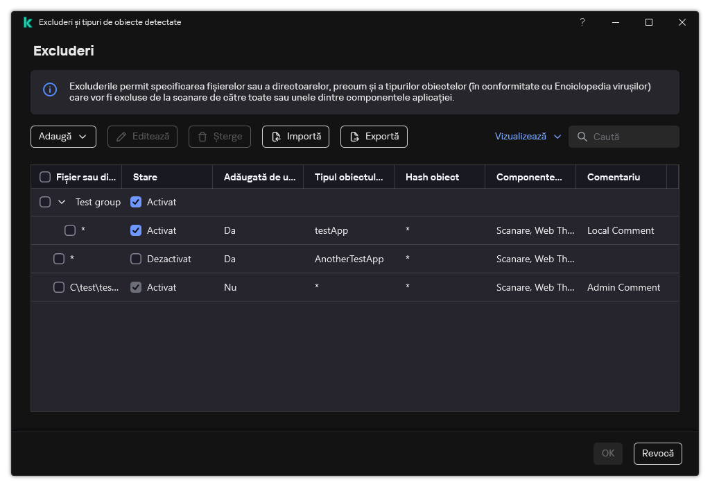 O fereastră cu lista de excluderi. Sunt afișate proprietățile excluderii. Utilizatorul poate adăuga, edita sau șterge excluderi.