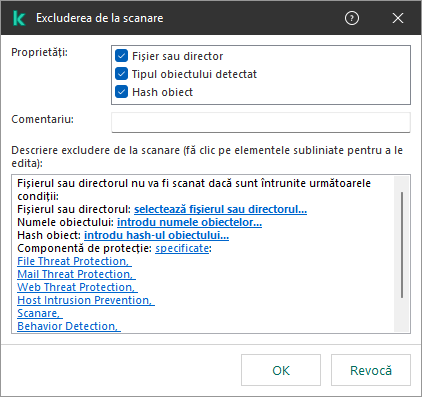 O fereastră cu instrumente de selectare a excluderii. Utilizatorul poate selecta fișierul sau directorul, introduce un nume sau un hash de obiect.