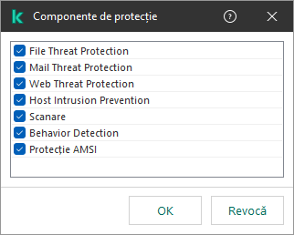 O fereastră cu lista componentelor aplicației. Excluderea se aplică numai pentru funcționarea componentelor selectate.
