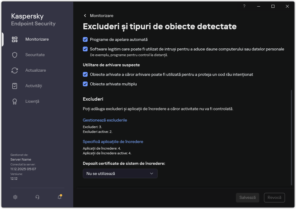 Fereastra cu setările excluderilor. Utilizatorul poate adăuga excluderi și aplicații de încredere.