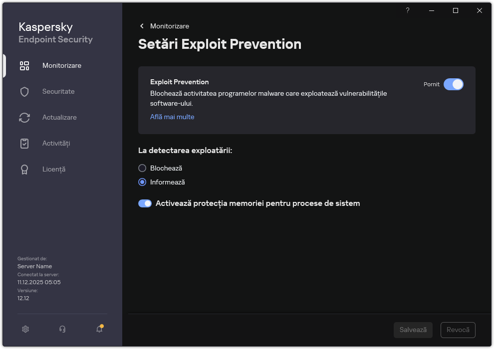 Fereastra de setări Exploit Prevention