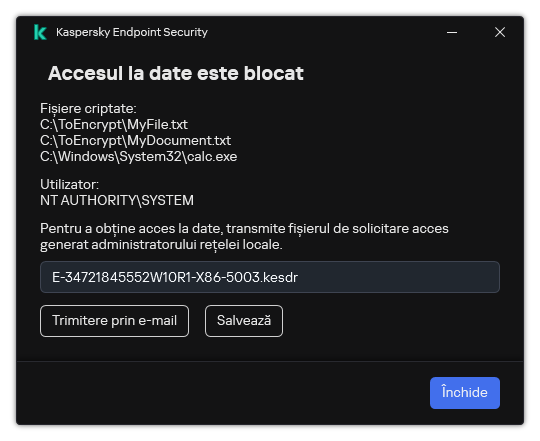 O fereastră cu un fișier de solicitare pentru accesarea datelor criptate. Utilizatorul poate salva fișierul generat pe disc sau îl poate trimite prin e-mail.