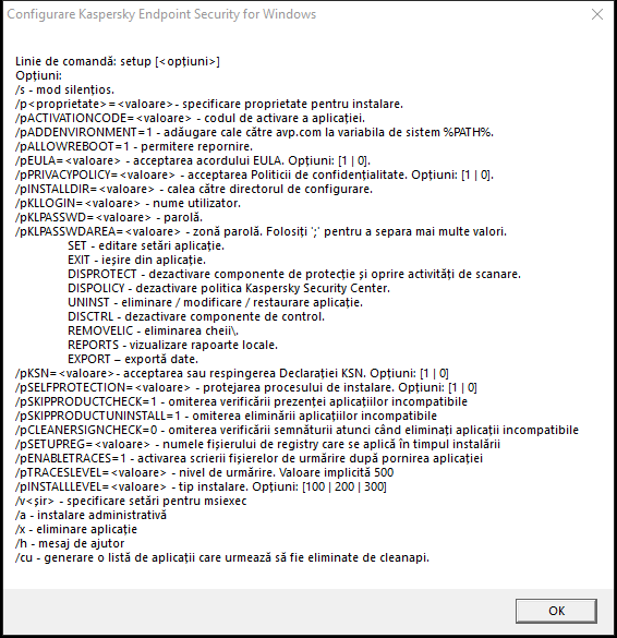 Fereastra Sfat ecran care descrie opțiunile de comandă pentru instalarea aplicației prin CMD.