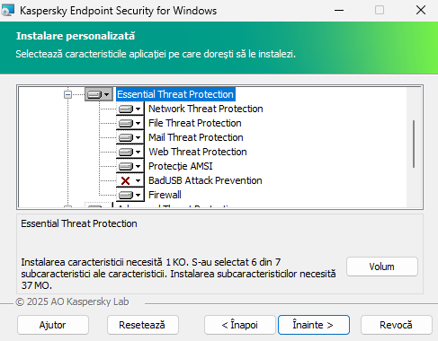 Fereastra de instalare cu o listă de componente pe care un utilizator le poate selecta.