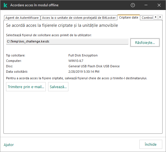 Fereastra conține un câmp pentru selectarea fișierului de solicitare a accesului. Utilizatorul poate salva cheia creată pe disc sau îl poate trimite prin e-mail.