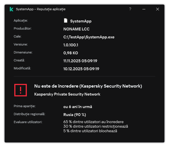 Fereastra conține informații despre reputația fișierului și alte date, cum ar fi prezența unei semnături digitale.