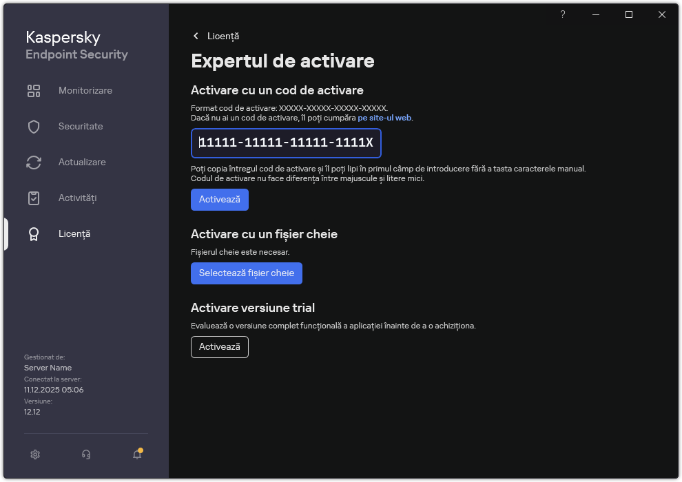 Fereastra cu instrumentele de activare a aplicației. Utilizatorul poate introduce un cod de activare sau poate selecta un fișier cheie.