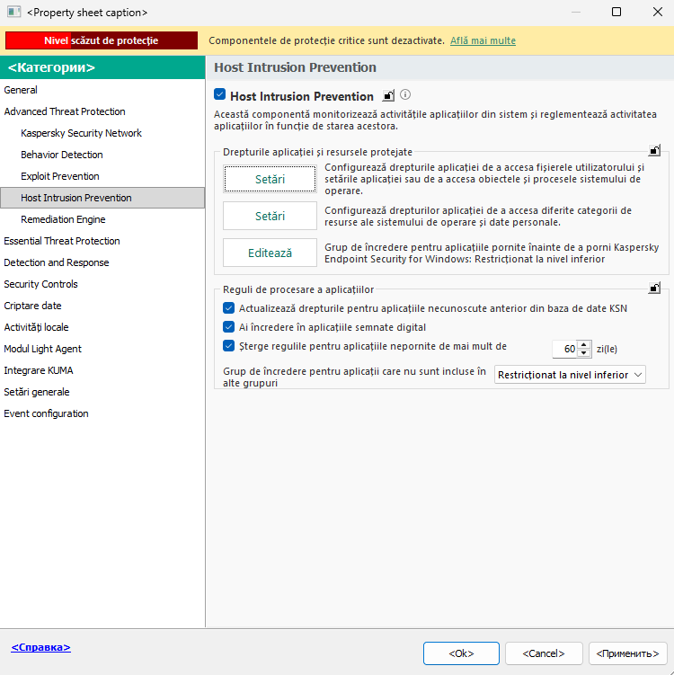 Fereastra de setări Intrusion Prevention